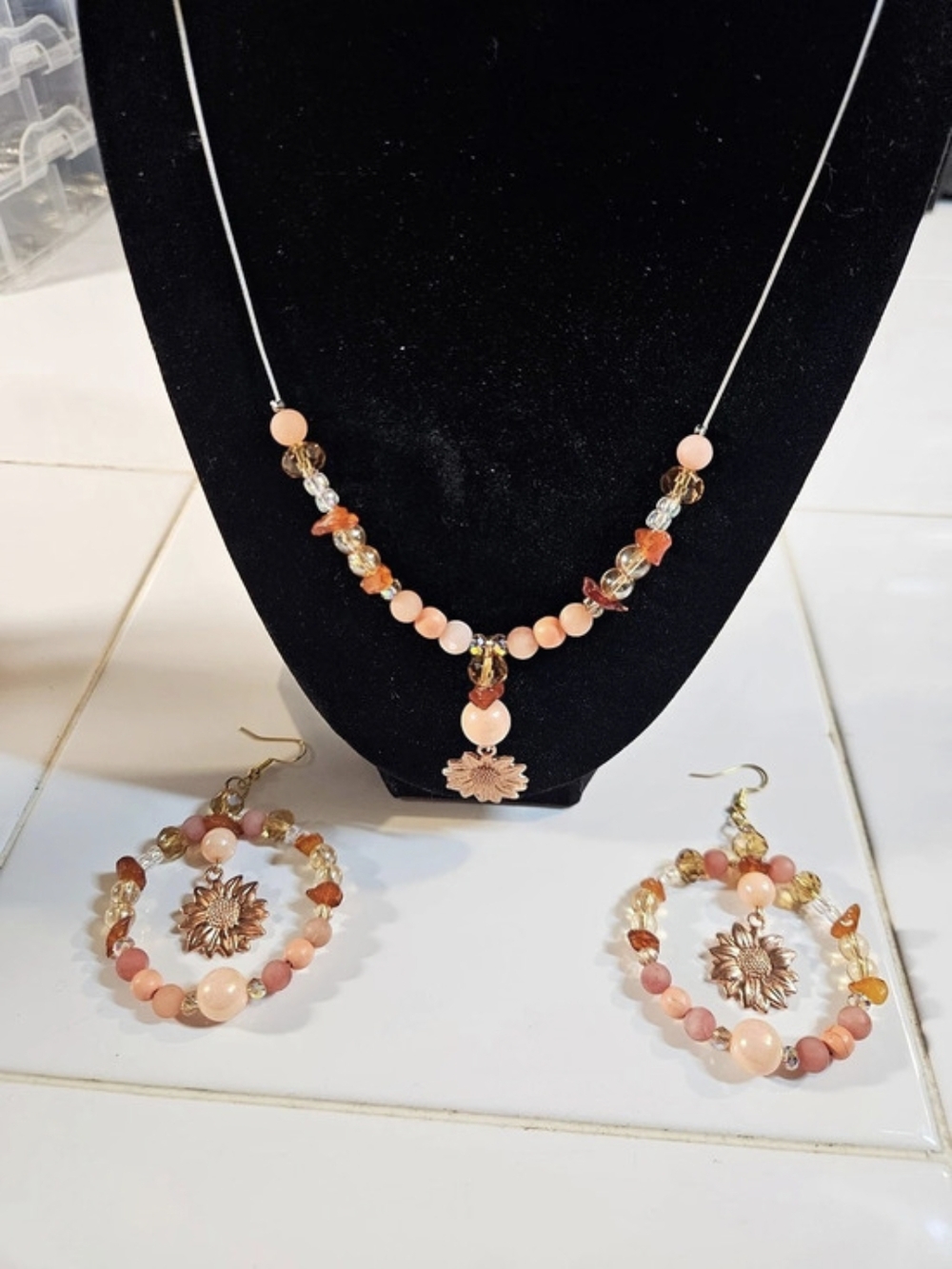 Orange & Gold Beaded Necklace & Earring Set | New | Handmade